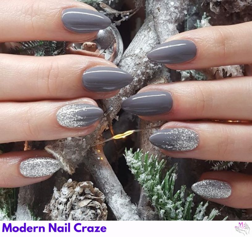 Metallic silver and soft gray nails in a high-shine finish combination.