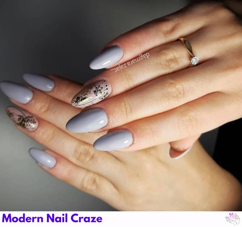 Light gray nails with pastel lavender, mint, and baby blue details.