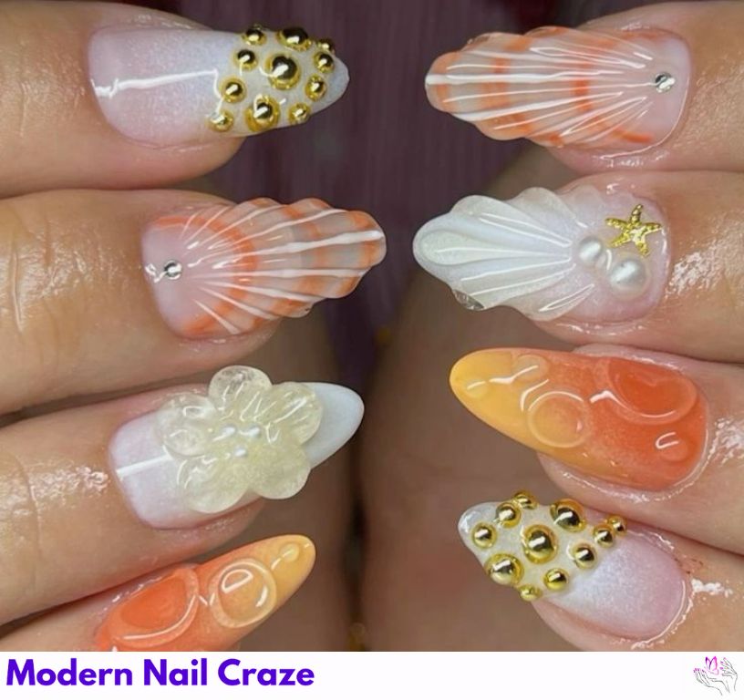 3D seashell mermaid nails for a wedding or ocean picnic.