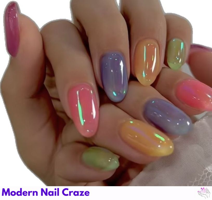 Glittering mermaid nails with playful, whimsical colors.