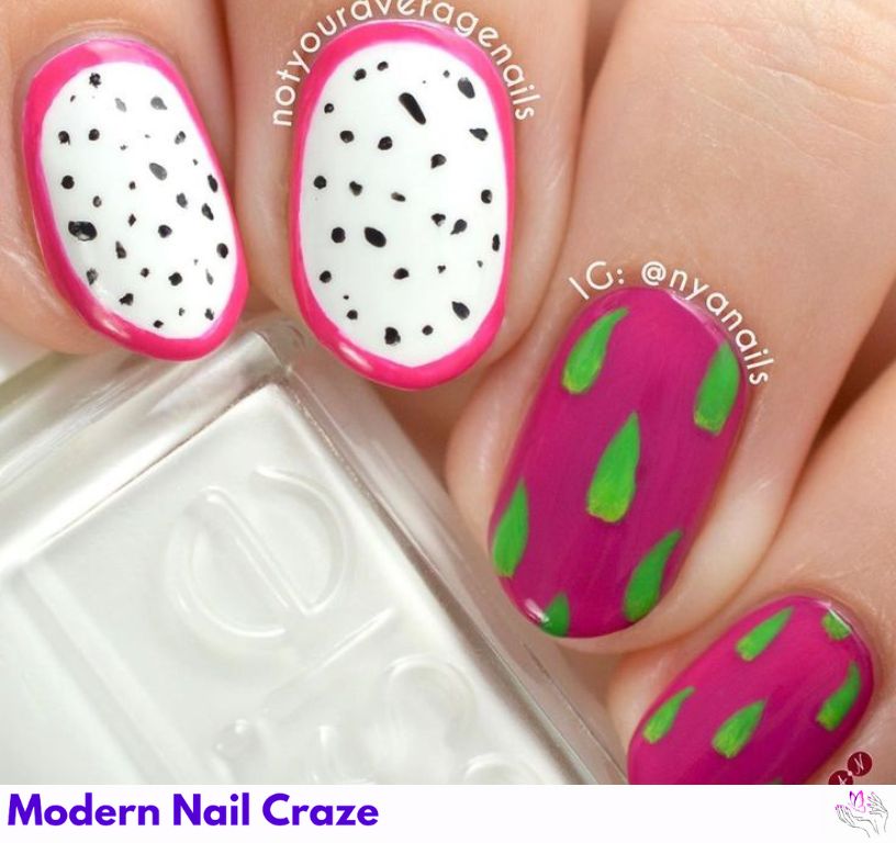 Fruit-themed mermaid nails with a pink shell and ombre base.