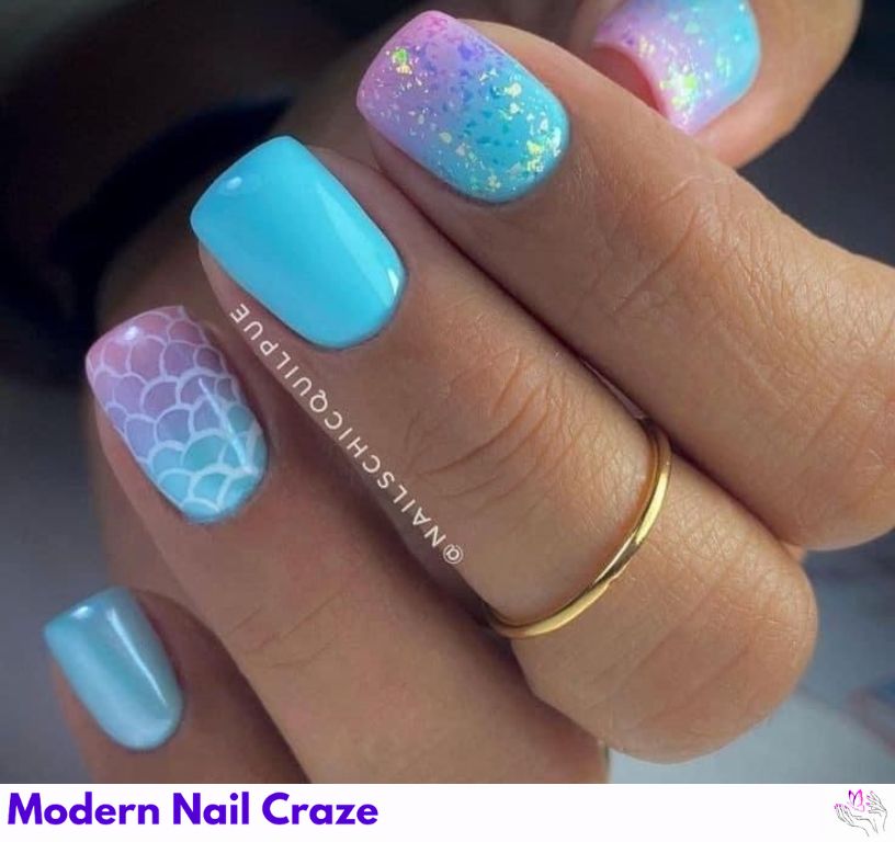 Gradient mermaid nails with breathtaking ocean and sky hues.