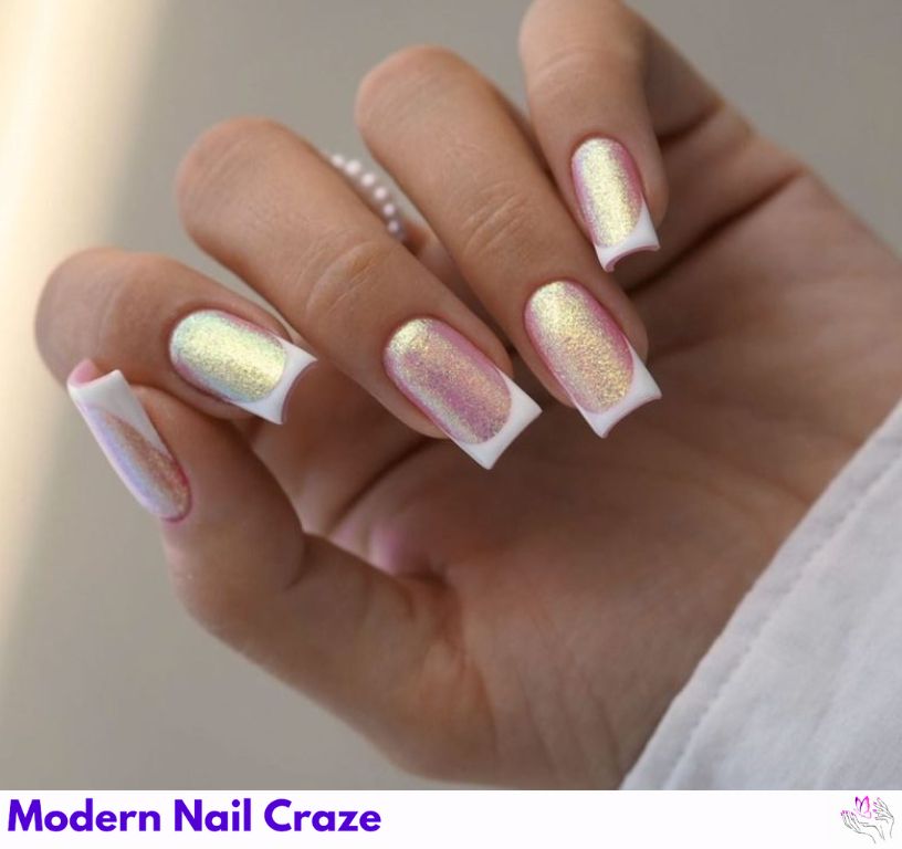 Golden pink gradient French manicure with a shimmering mermaid effect.