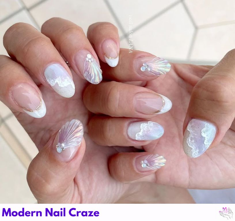 Neutral mermaid nails with clear 3D oceanic details.