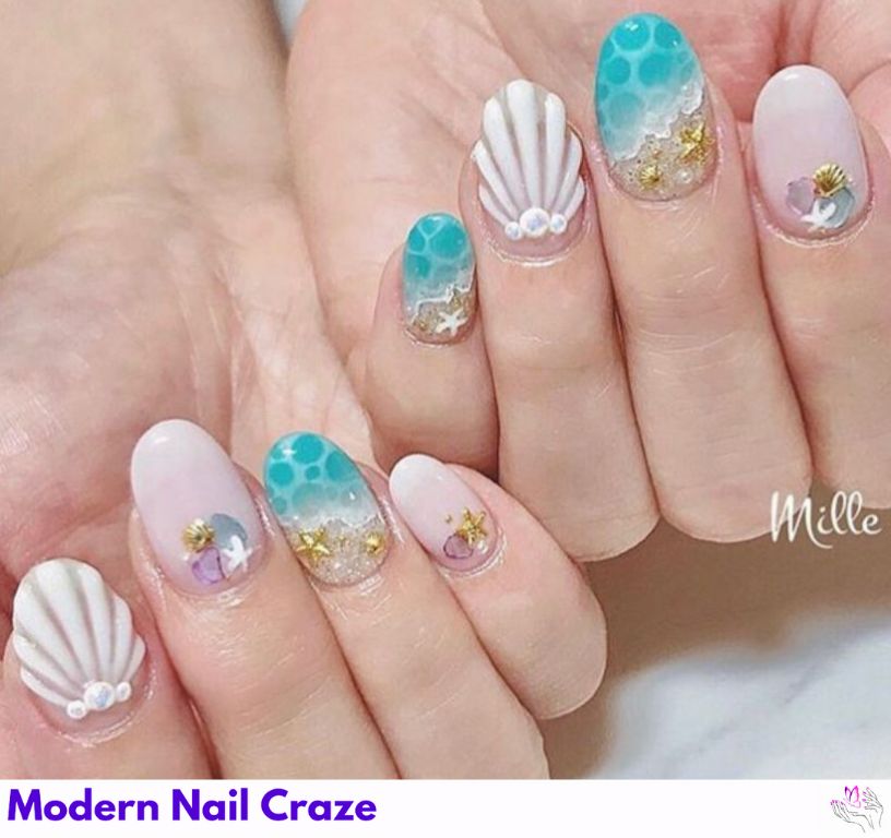 Beach-inspired mermaid nails with a playful under-the-sea theme.
