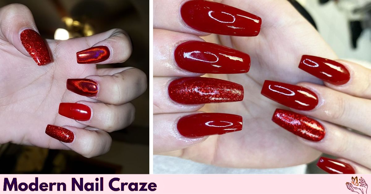 Transparent bloody jelly red coffin nail with a shiny, glassy effect.