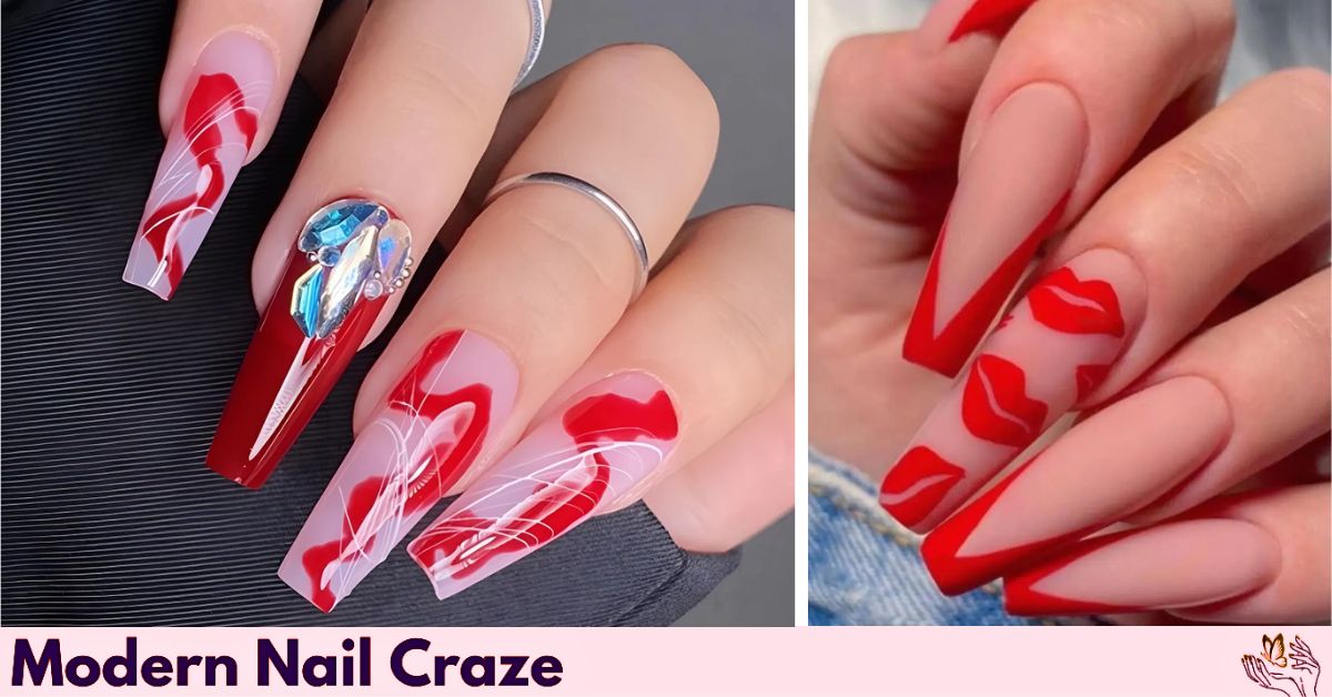 Red coffin nail with gold cuticle art and bold outline accents.