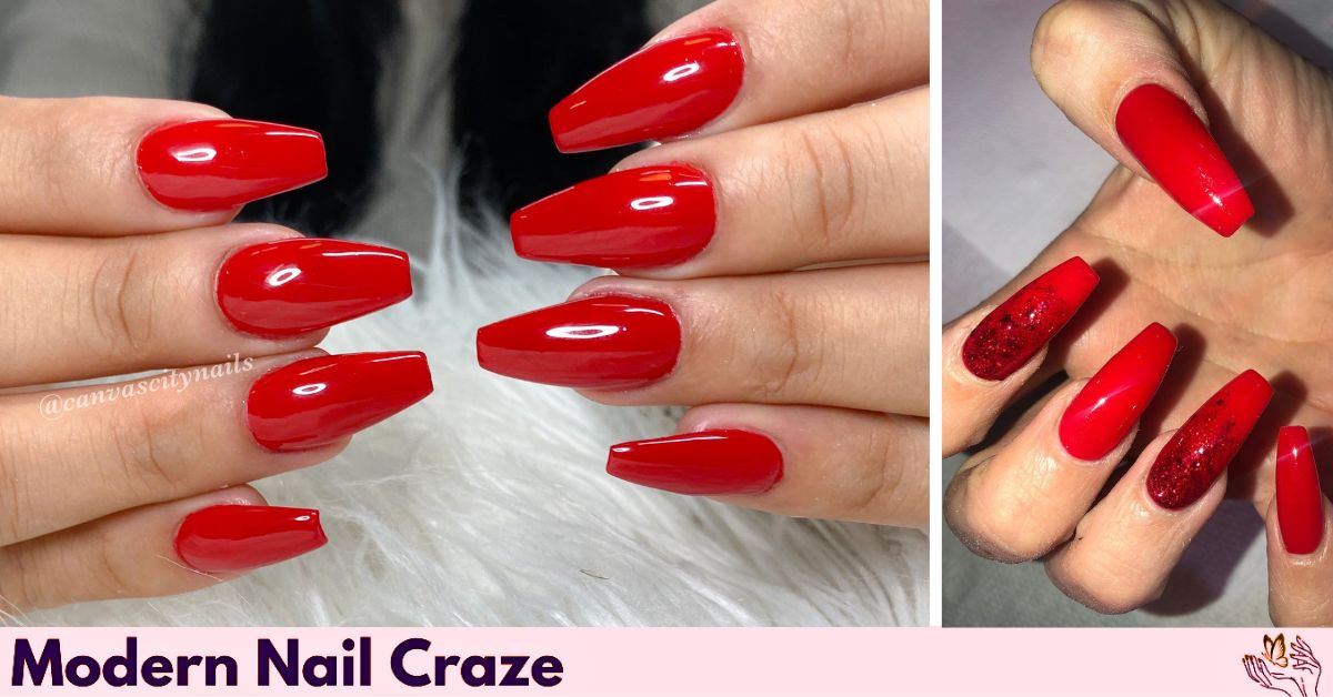 Simple and sleek red coffin nail with a glossy, timeless finish.