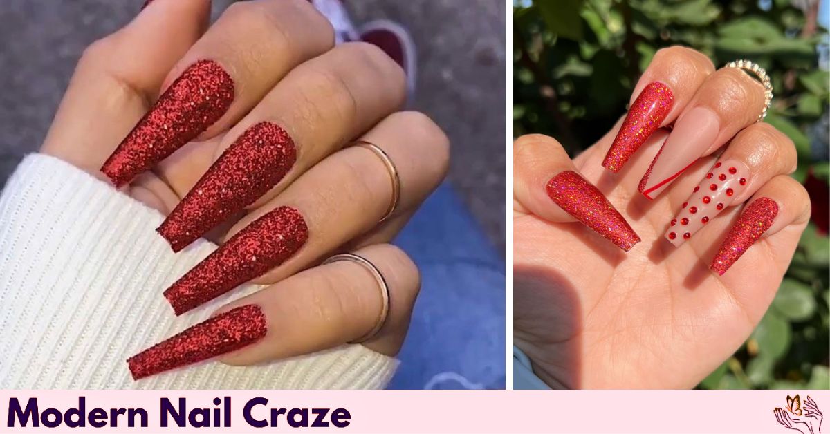 Red coffin nail with glitter overlay sparkling under light.