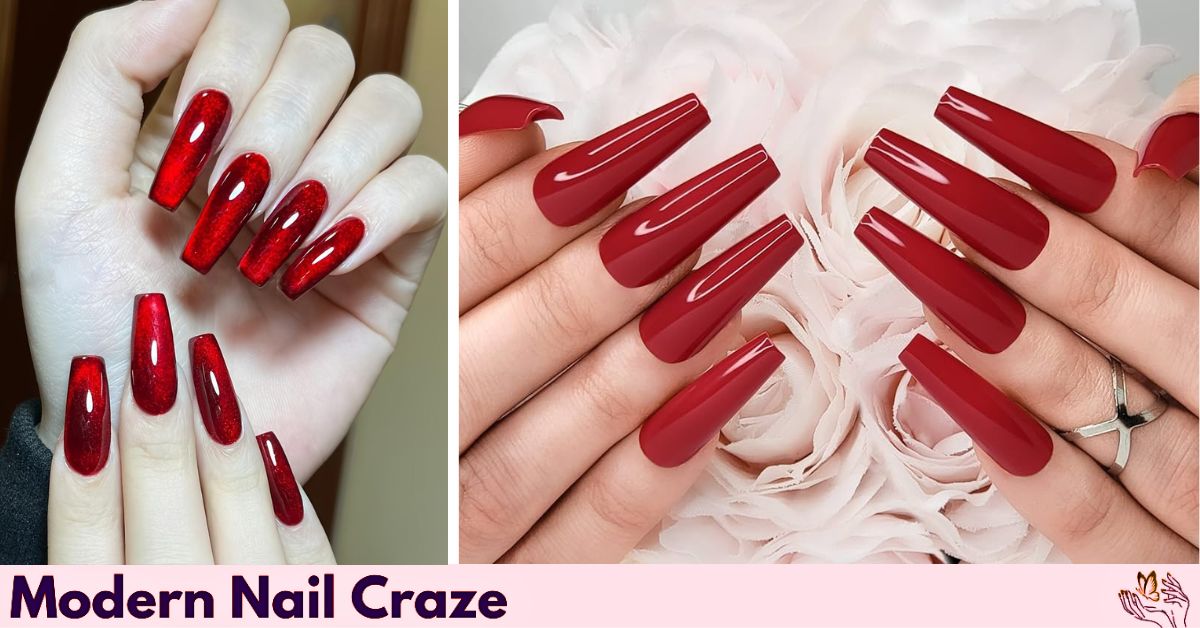 Side-by-side of glossy and matte red coffin nail designs.
