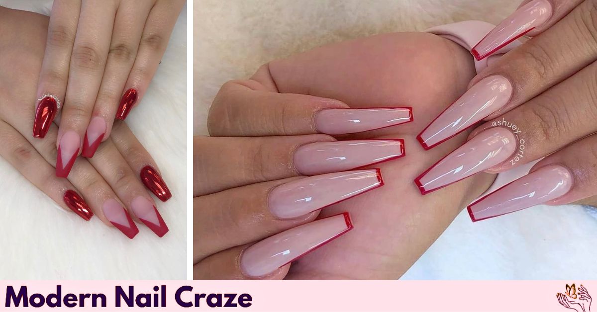 Red coffin nail with nude base and sharp red French tips.
