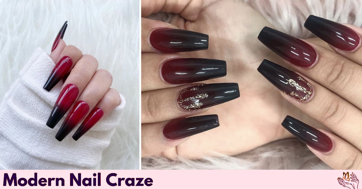 Red coffin nail with ombre effect blending into deep black.