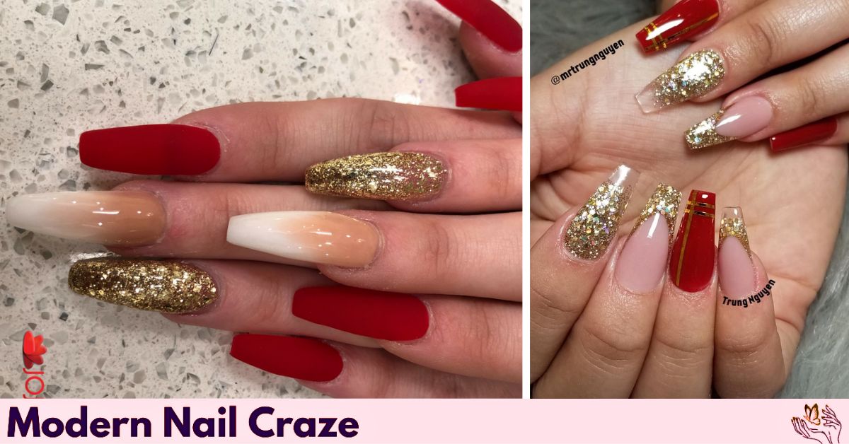 Red coffin nail design featuring shiny gold foil details.