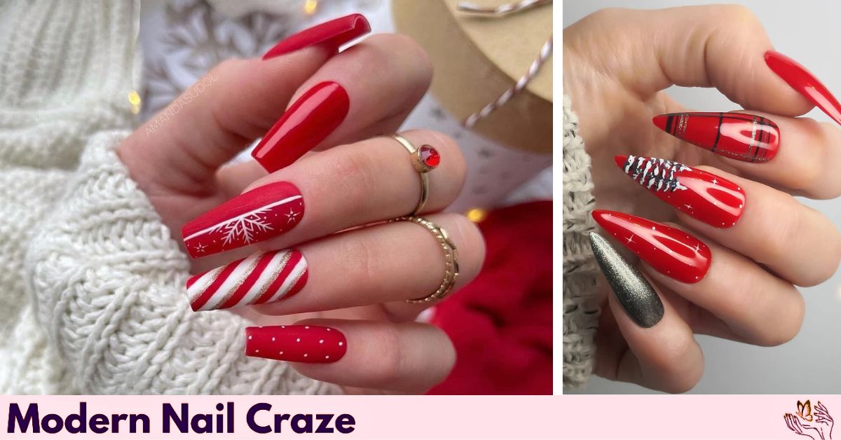 Red coffin nail with festive accents like snowflakes and sparkles.
