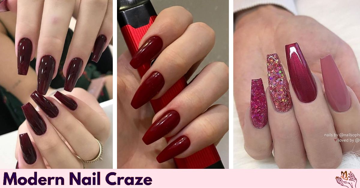 Various red coffin nail polish shades laid out: cherry, wine, crimson, neon.