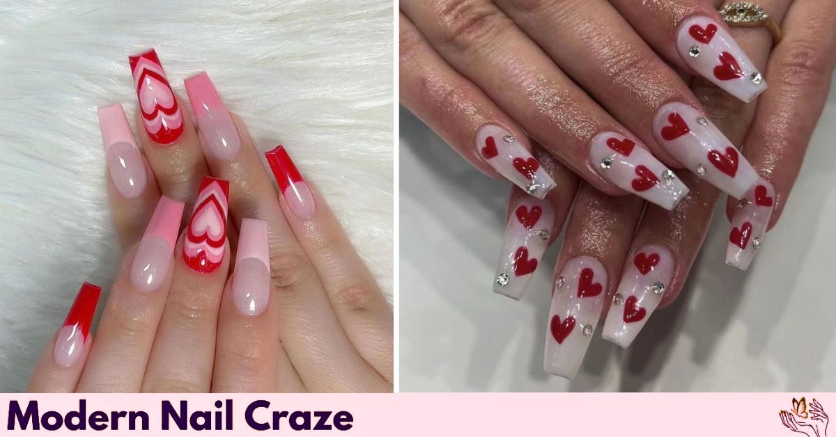 Romantic red coffin nail design with heart-shaped gems and glitter.