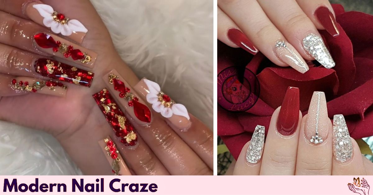 Soft burgundy red coffin nail with subtle shimmer for bridal wear.