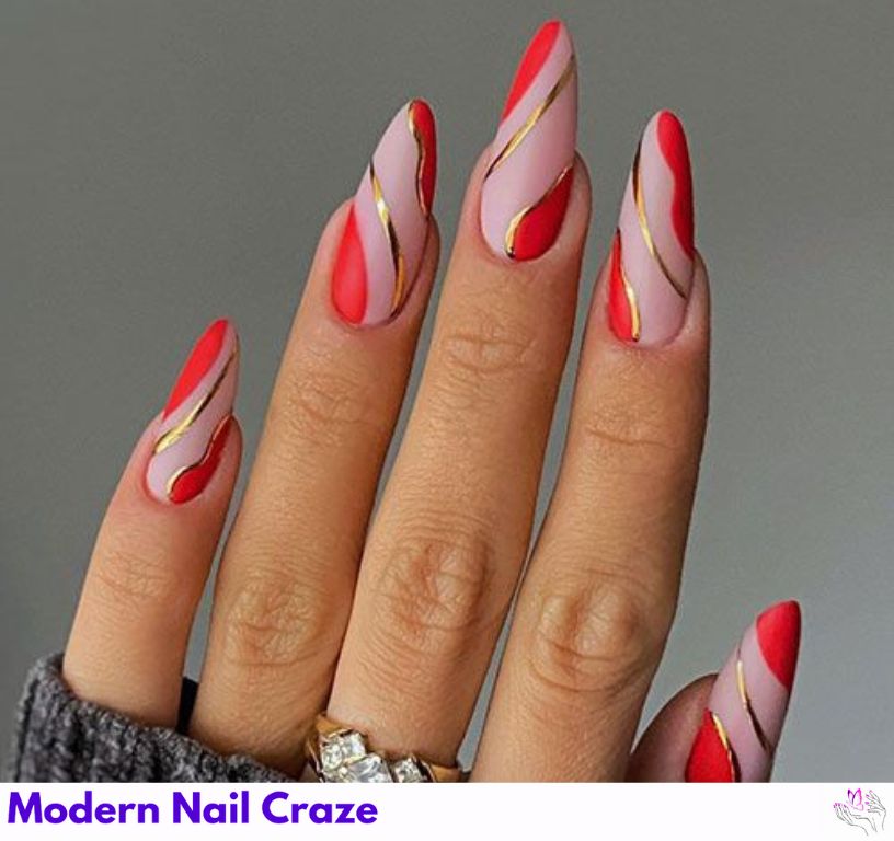 Almond nails with negative space and geometric cutouts, modern art design.