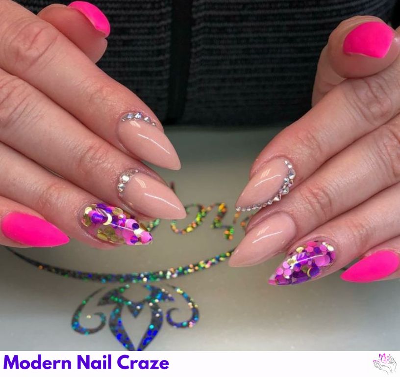 Almond nails with rhinestones along the cuticle line, sparkly and glamorous.