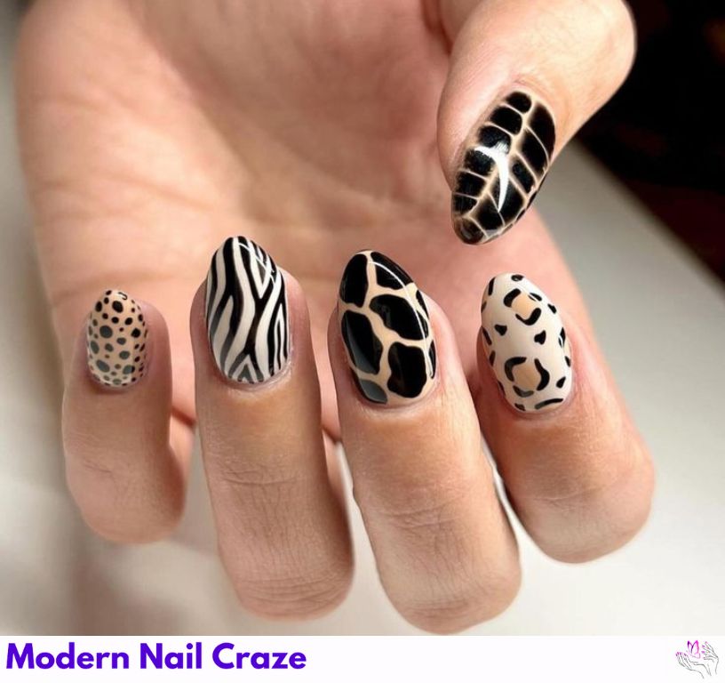 Animal print almond nails in leopard and zebra patterns, playful design.