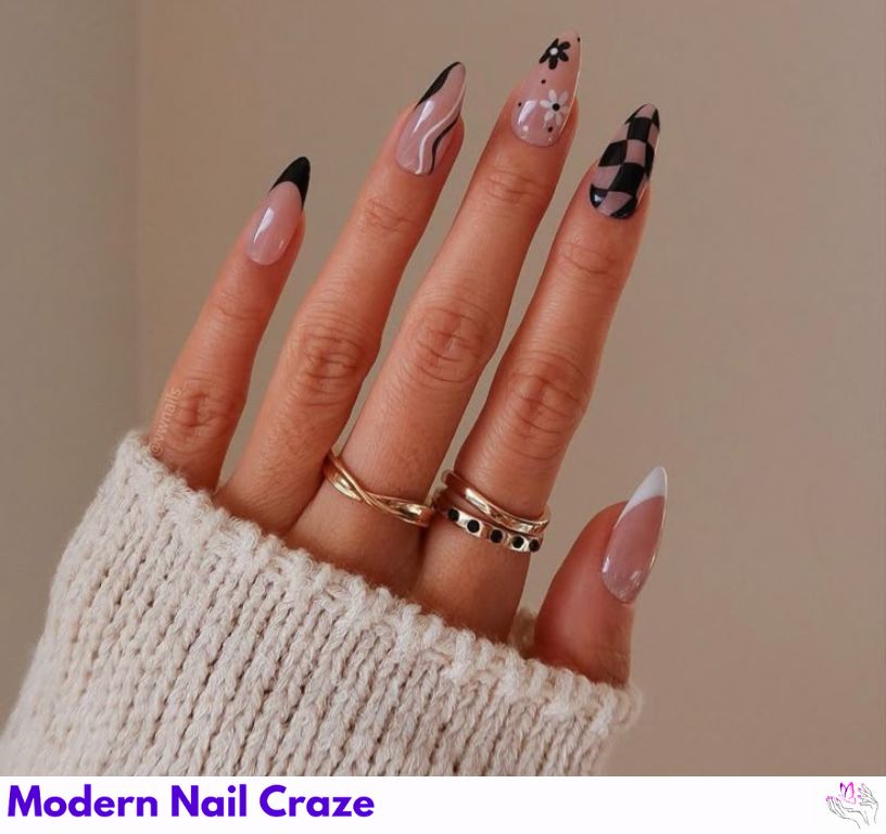 Checkered almond nails in black-and-white patterns, retro graphic effect.