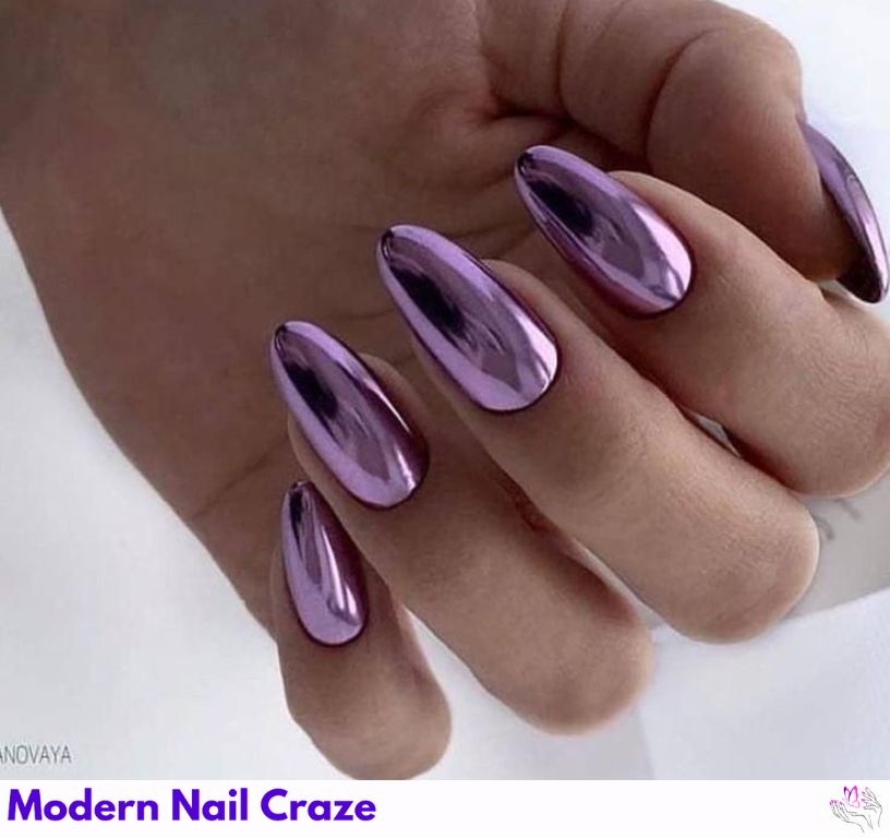 Chrome almond nails with a silver metallic finish, bold and reflective.