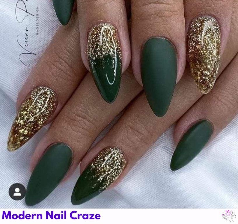 Hunter green velvet nails with gold leaf foil