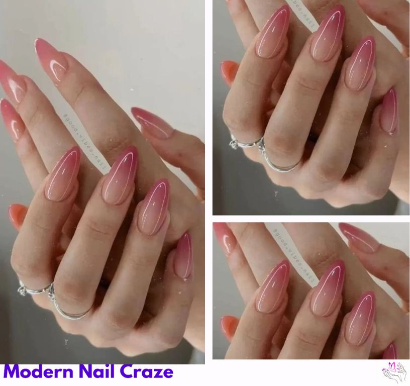 Jelly almond nails with translucent pink and blue tones, Y2K vibe.