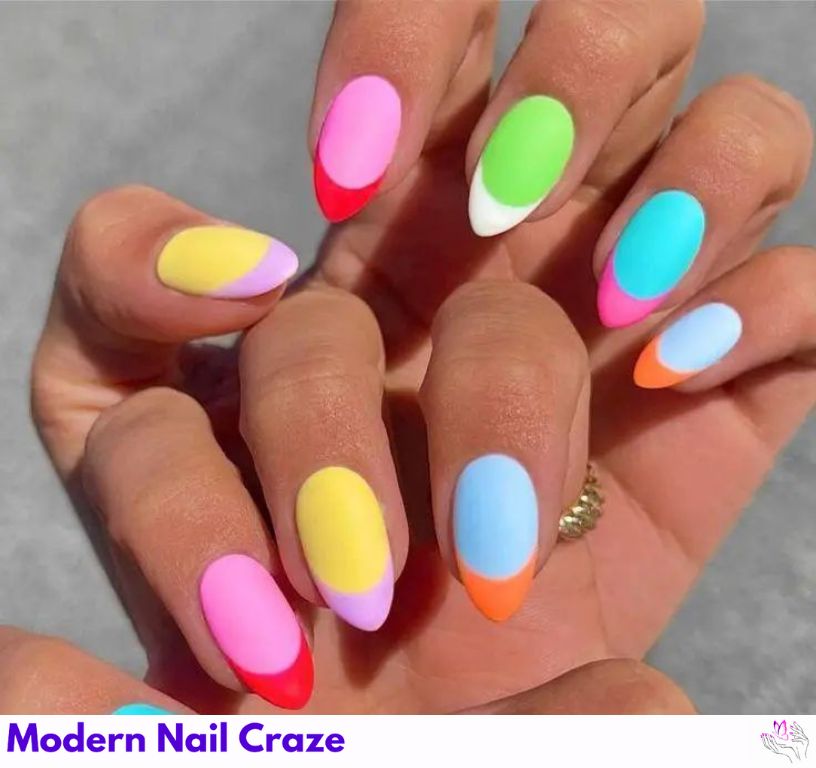 Neon almond nails are bright pink and green, perfect for summer.