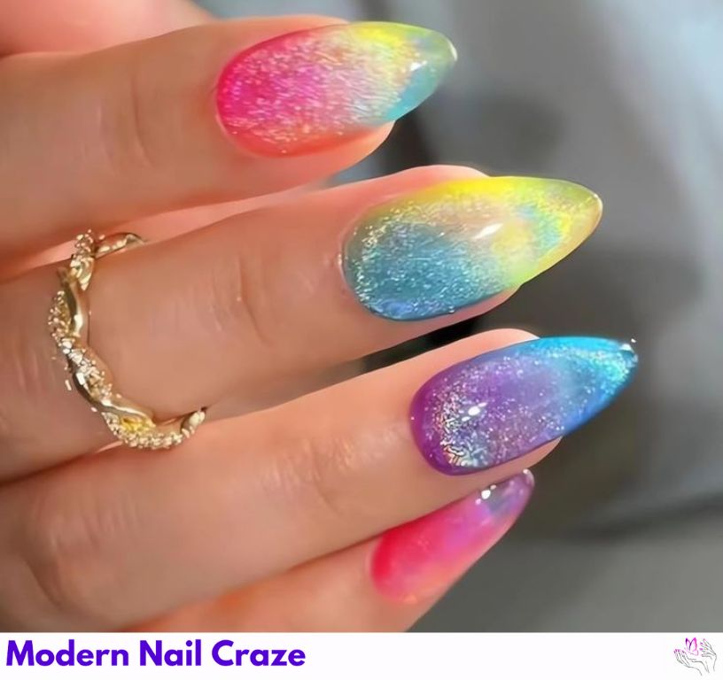 Rainbow almond tips with each nail painted a different color.