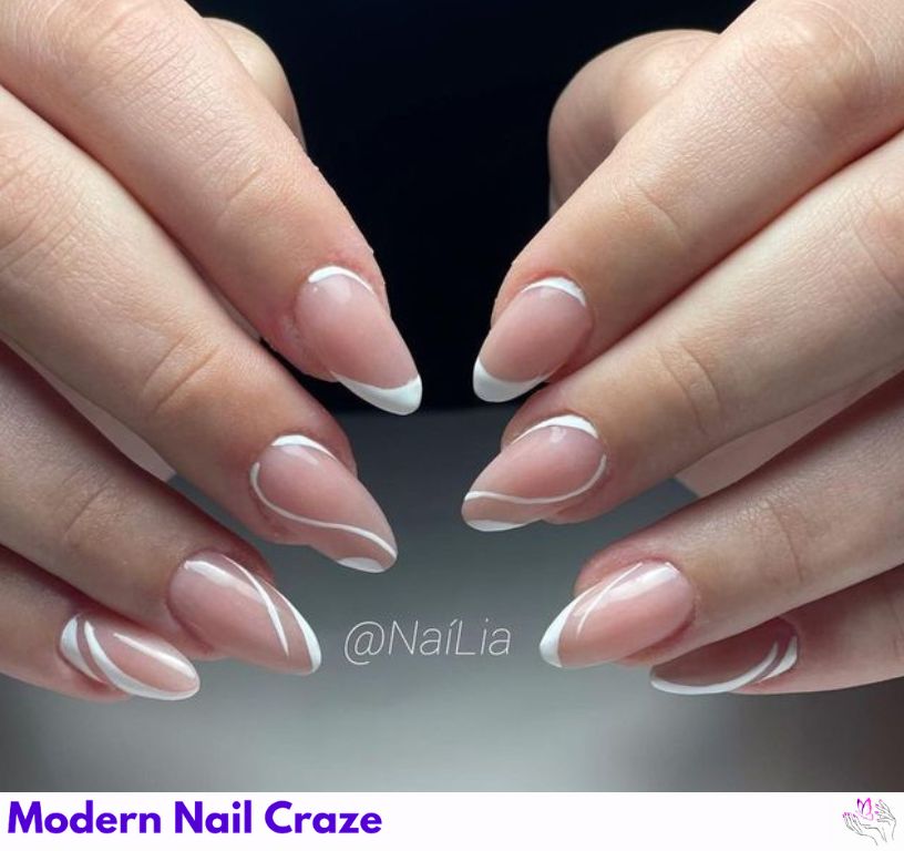 Almond nails with white line art over a nude background, minimal.