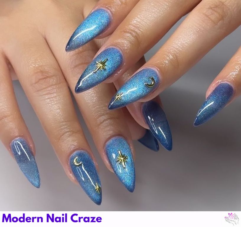 Starry sky almond nails with tiny stars and a navy background.