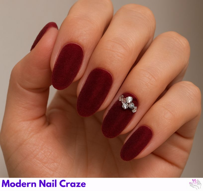 Velvet nails decorated with small rhinestones