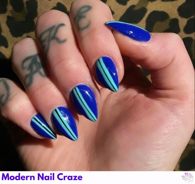 Vertical stripe almond nails with long lines that elongate fingers.