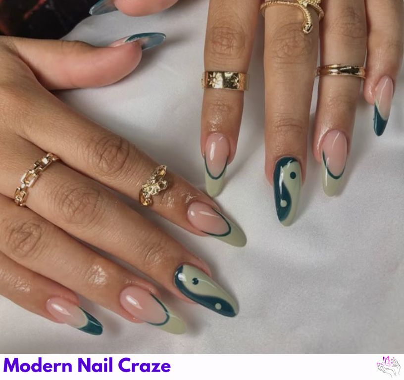 Yin-yang almond nails with black and white spiritual balance design.