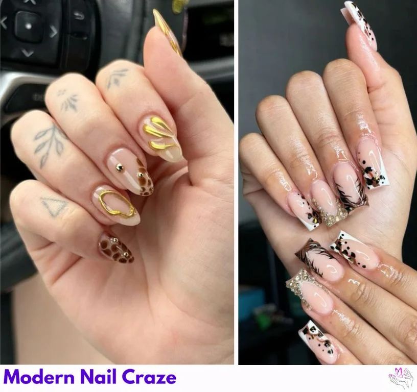 Safari nail art combining leopard prints with soft pink, lavender, and pearl hues for a feminine twist on wild nature-inspired designs.
