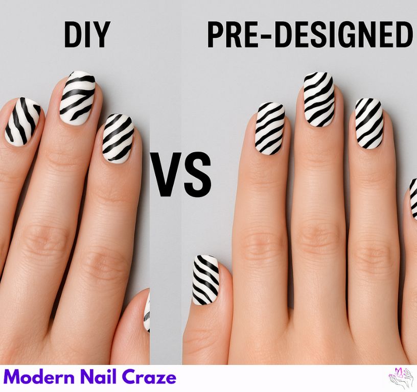 Comparison image showing DIY zebra nail art kits versus professionally designed zebra press-on nails for effortless application.