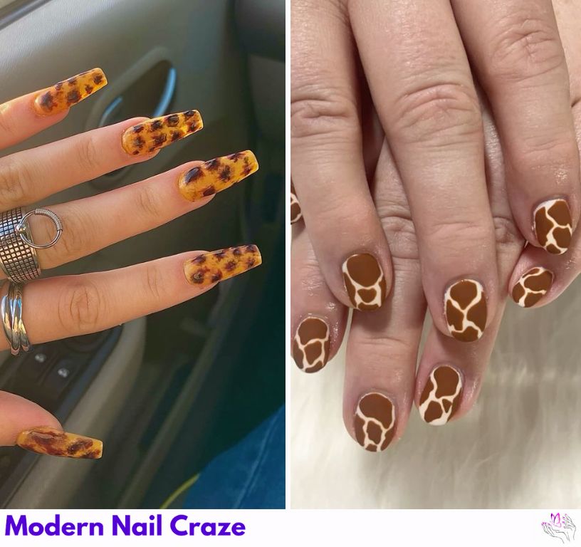 Safari giraffe print nail designs shown on both long and short nail shapes, using natural brown tones for stylish versatility.