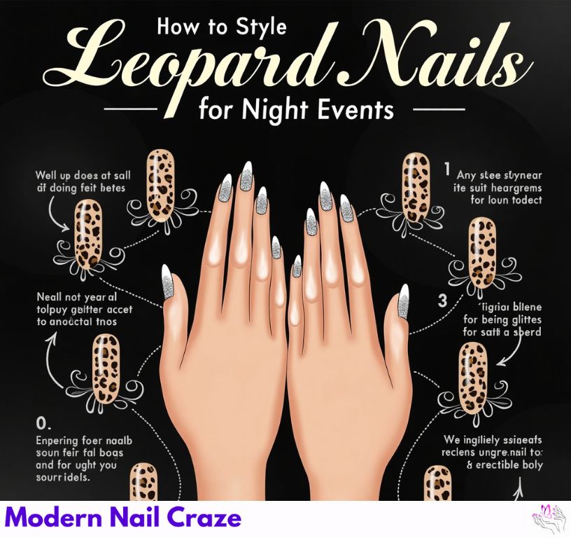 Elegant almond-shaped leopard nails paired with gold rings and khaki tones, styled for night events with smoky glam appeal.