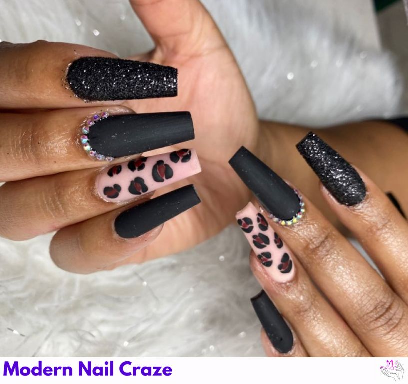 Side-by-side comparison of glossy and matte leopard Safari Nail Designs