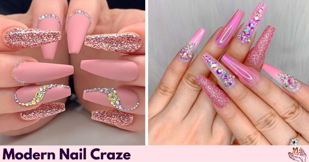 Pink Nails with Glitter or Rhinestones