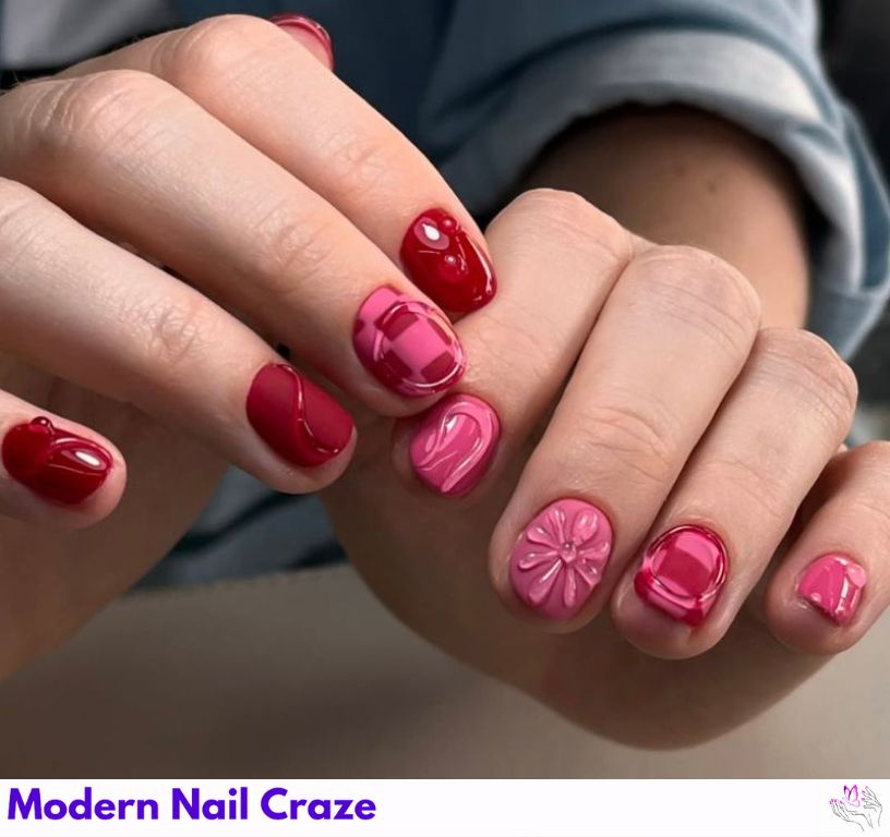 3D Nail Art on Red and Pink Base