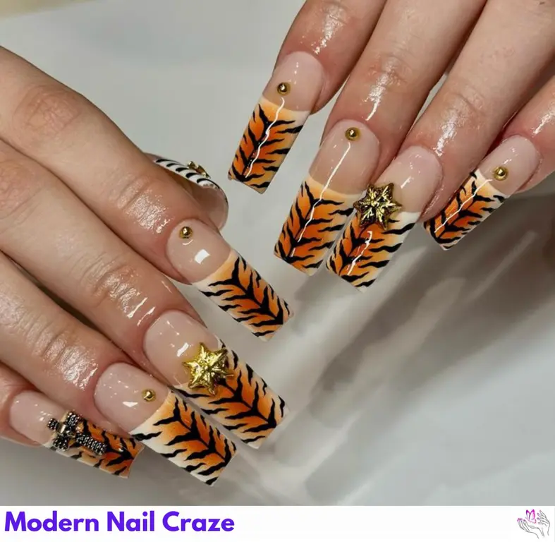 Retro 80s-inspired ombre tiger nails, combining bold stripes with a colorful gradient.