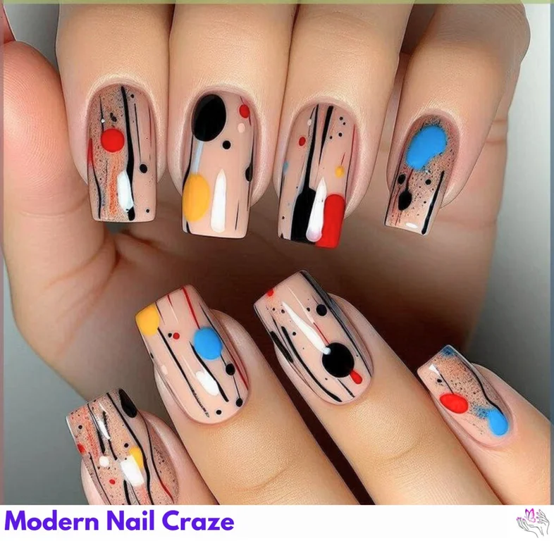 Abstract Nail Art in nude, blue, white, and purple shades, creating a serene and chic design for a minimalist touch.