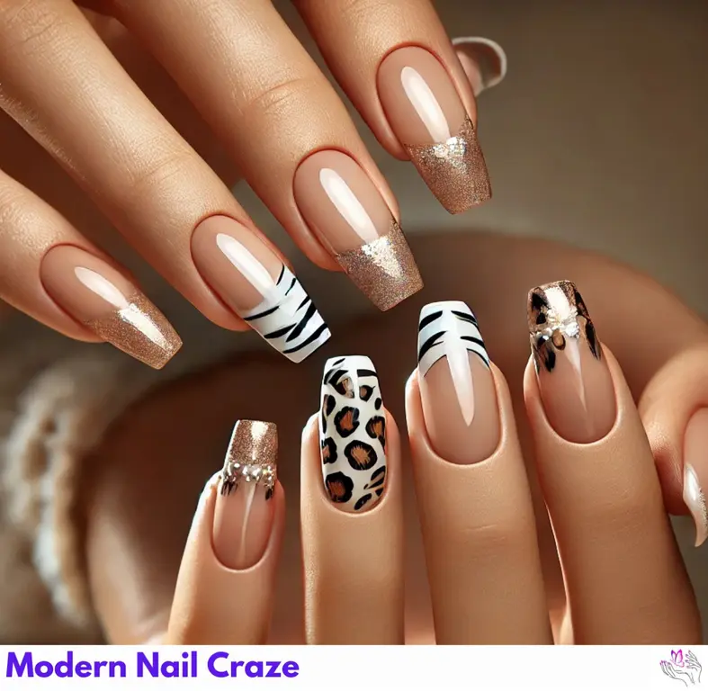 Stylish French nails with animal print patterns, adding a wild flair to the classic look.