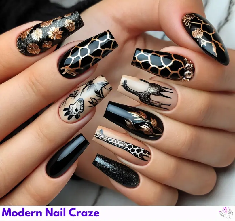 Chic black nails featuring giraffe print, adding an edgy yet refined animal design.