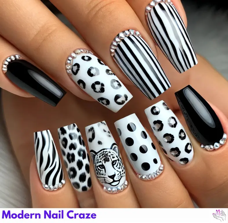 Timeless black and white animal print nail art, combining elegance with boldness.