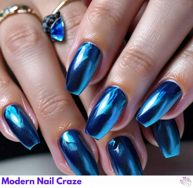 Blue Aura Metallic Nails with chrome touch and ocean-inspired shades for a refreshing, bold summer look.