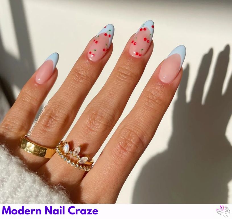 Blue French Tip Nails With Cherries