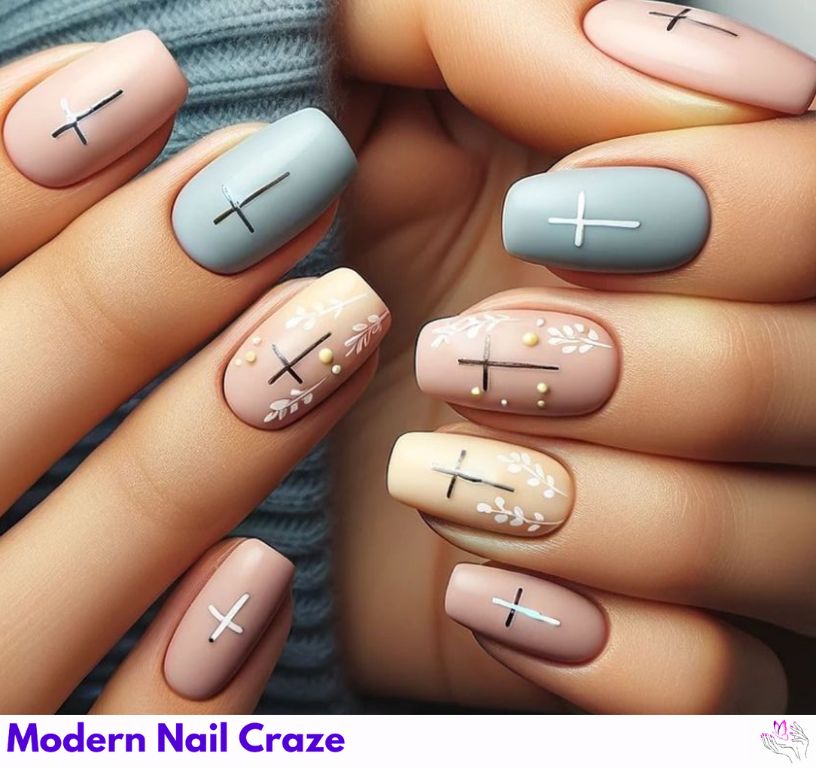 Bright pastel Easter nails featuring bold cross designs and flower accents.